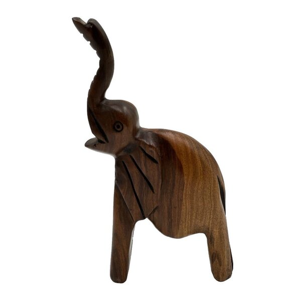 Carved Wood Elephant Figurine 9" Tall | Trunk Up | Lucky Decor | 13 oz - Picture 1 of 6
